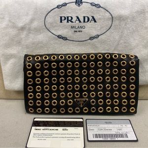PRADA vintage wallet/clutch. W/brass circle rivets front and back flap over/snap